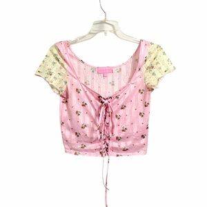 Dolls Kill x Holly Hobby Lace Up Crop Top Medium Pink Floral Coquette Cottage